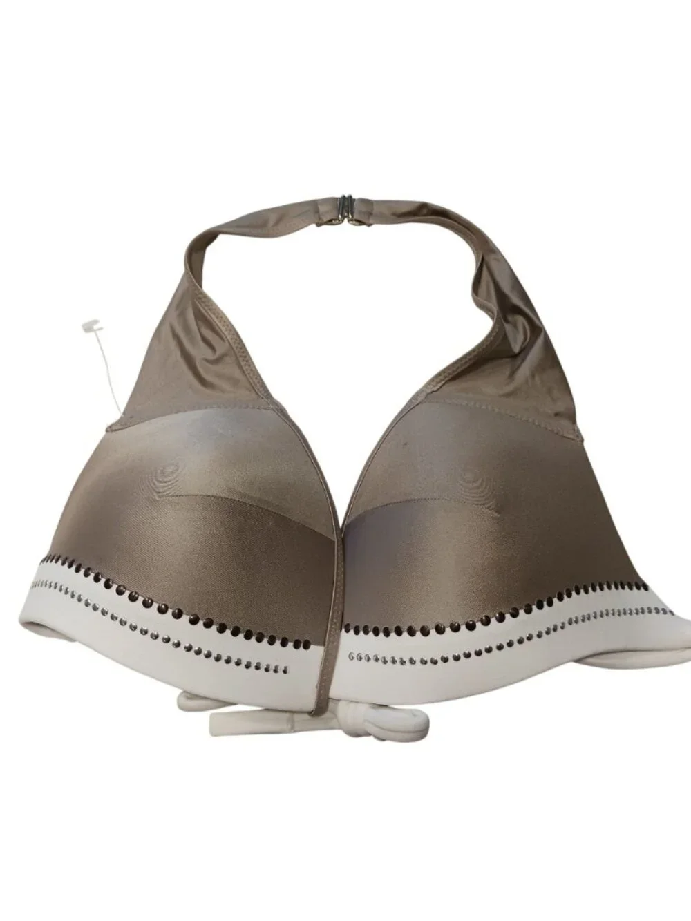 Rhinestone-Embellished Brown & White Bikini Top With Tie Back